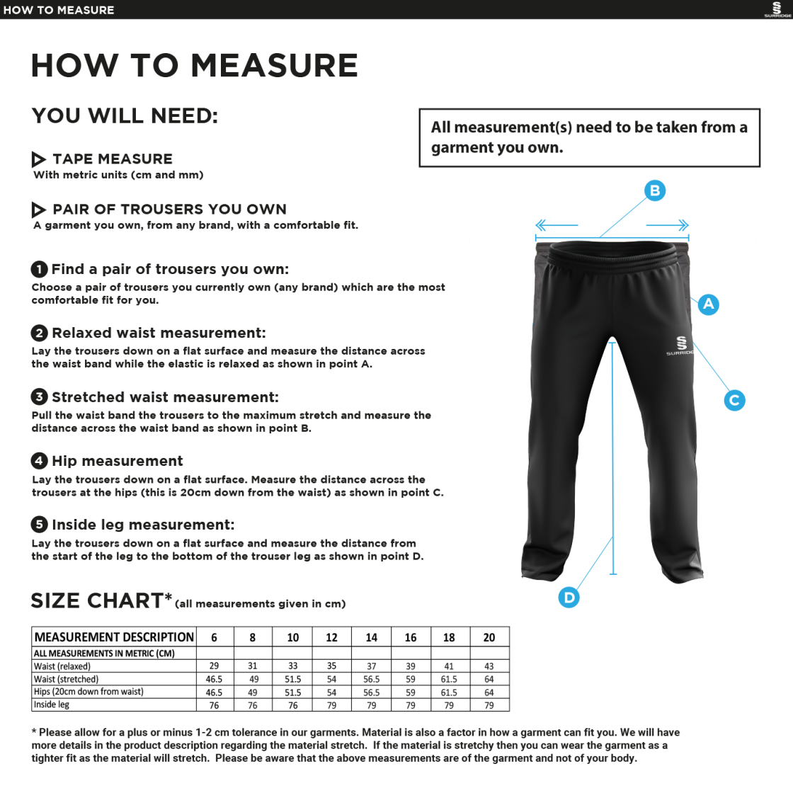 Supernova Korfball Poplin Track Pant Navy - Women's - Size Guide