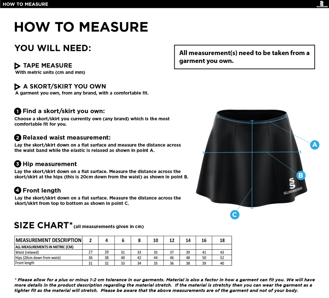 Supernova Korfball Skort - Size Guide