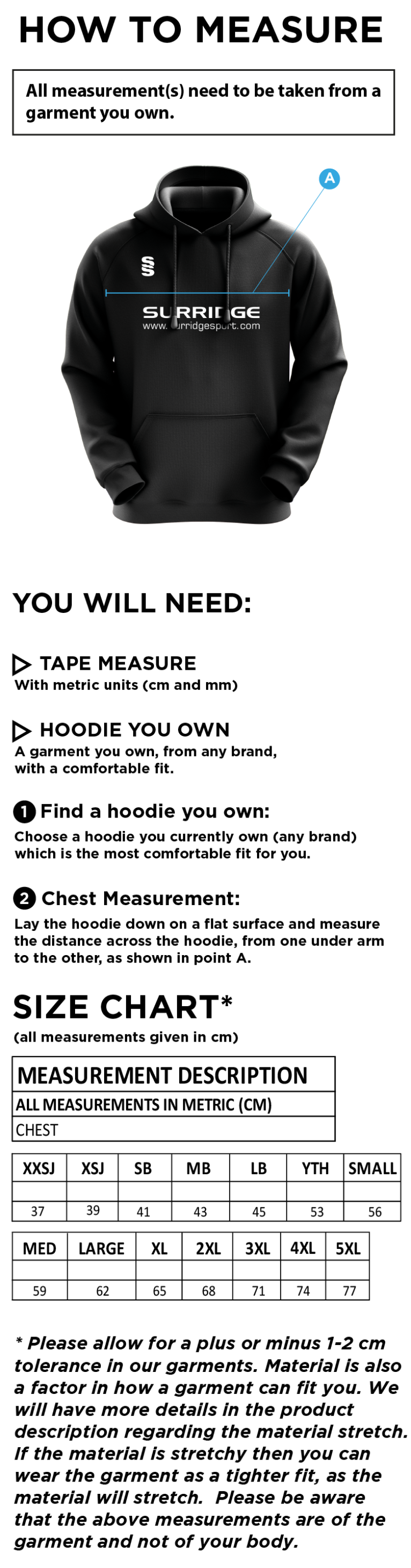 Supernova Korfball Blade Hoody Navy/White - Size Guide