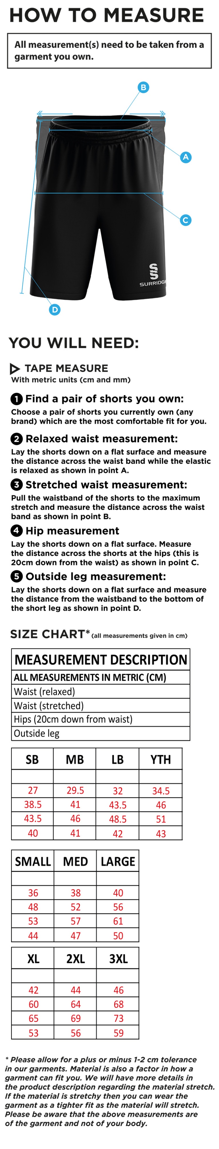 Supernova Korfball - Ripstop Pocketed Shorts - Unisex Fit - Size Guide