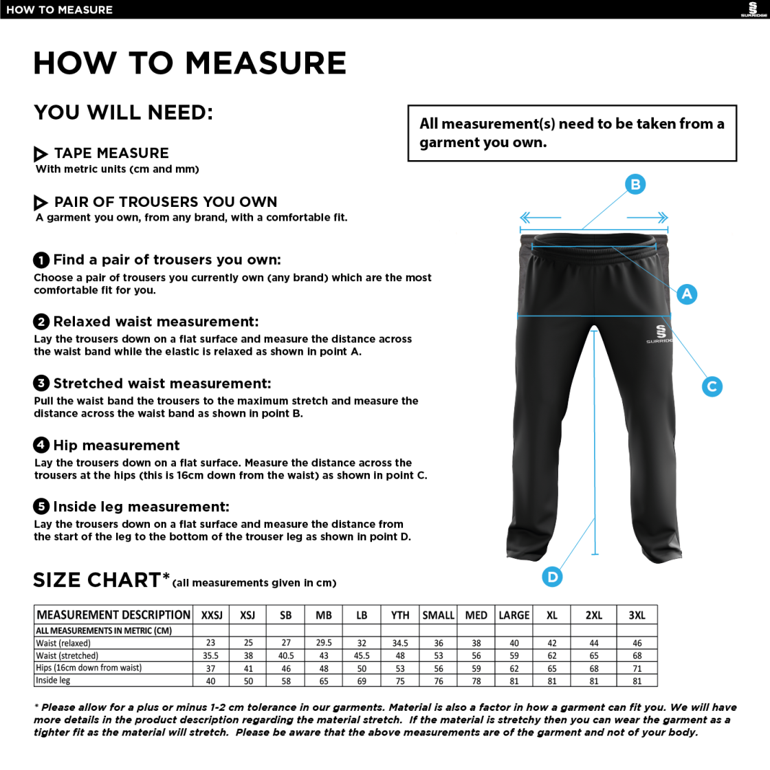 Supernova Korfball - Poplin Track Pant - Unisex Fit - Size Guide