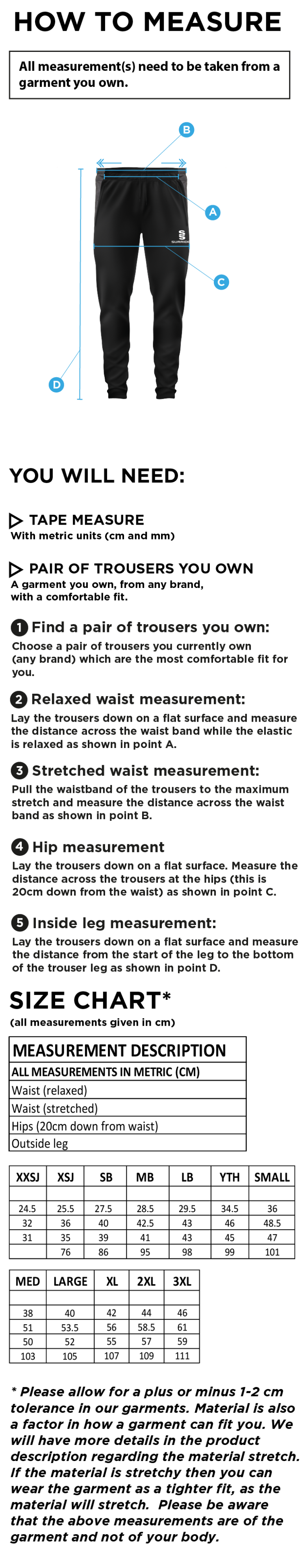 Supernova Korfball Tek Slim Pant Navy - Size Guide