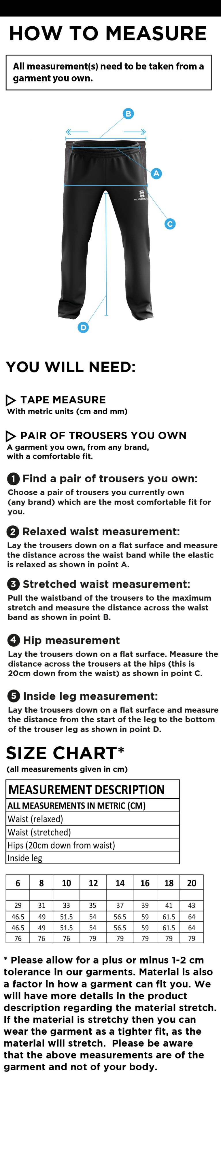 Supernova Korfball - Poplin Track Pant - Women's Fit - Size Guide