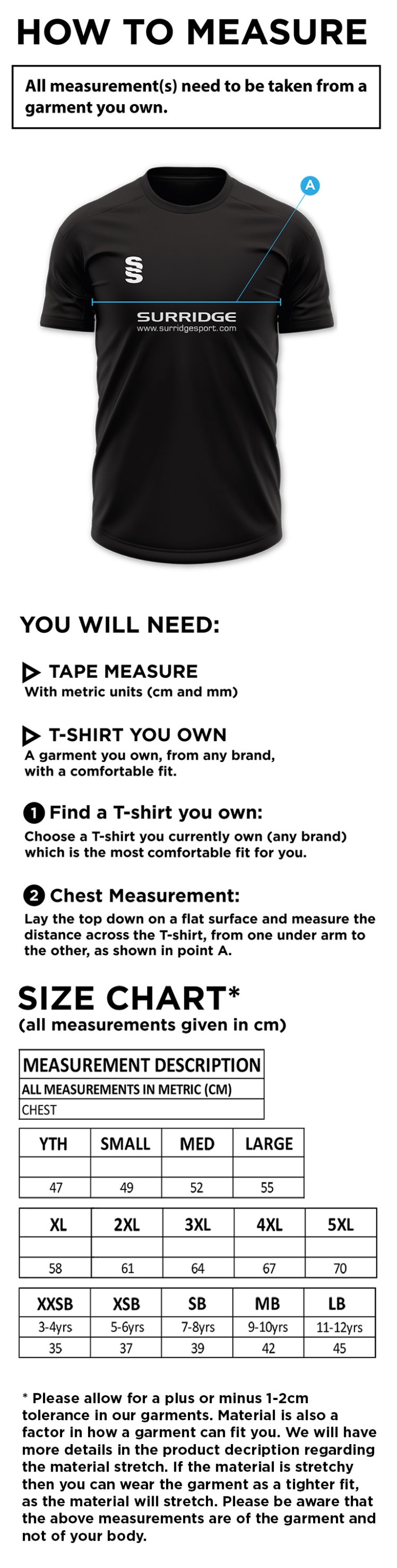 Supernova Korfball Dual Training Shirt - Size Guide