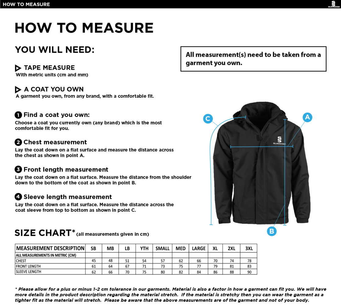 Supernova Korfball Fleeced Line Jacket - Size Guide