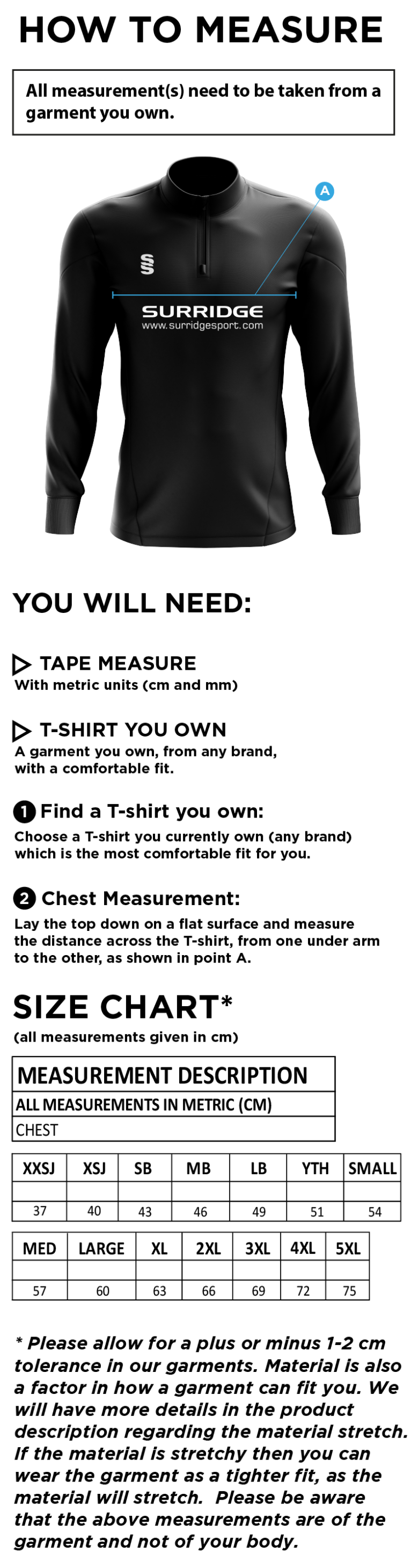 Supernova Korfball Dual Mid-layer - Size Guide