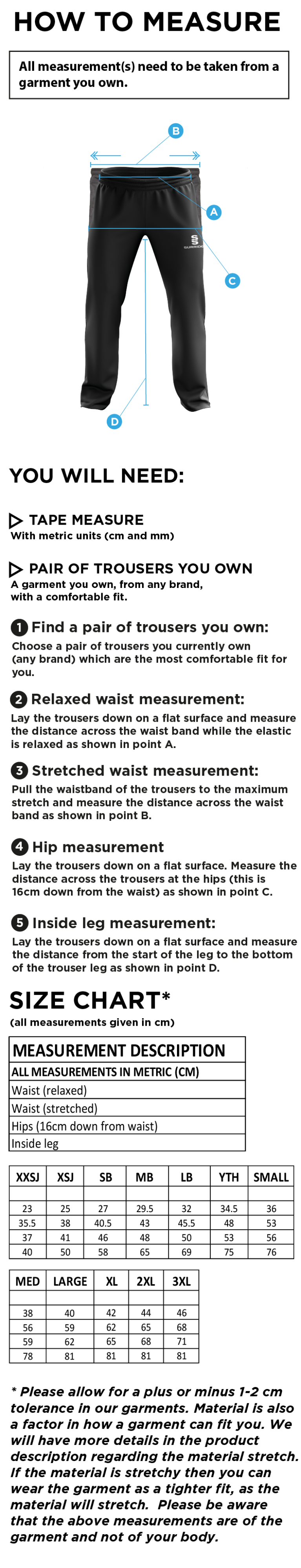 SUPERNOVA KORFBALL POPLIN TRACK PANT NAVY - Size Guide