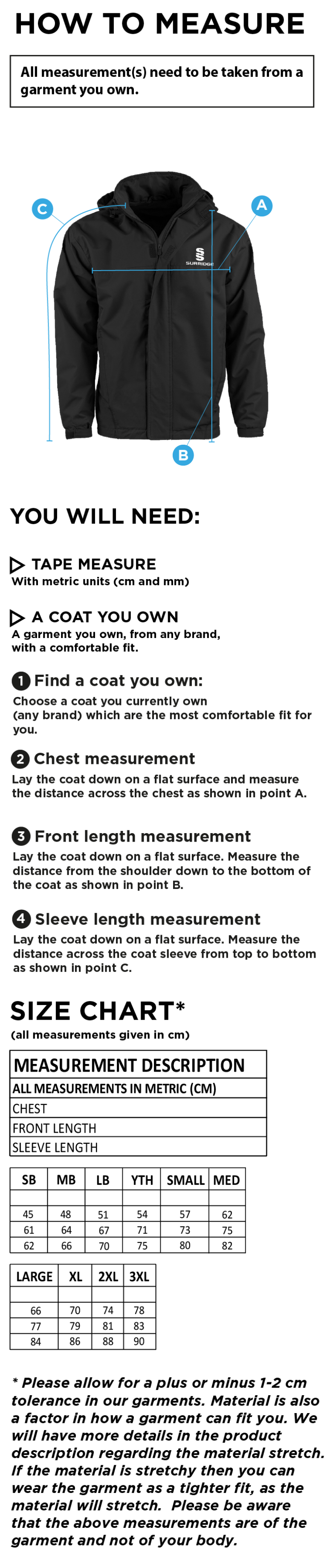 Supernova Korfball Fleeced Line Jacket - Size Guide