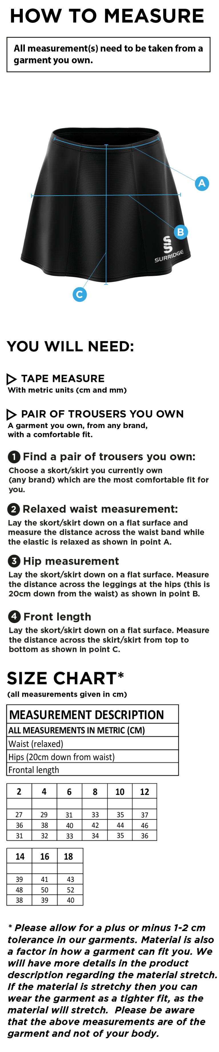 Supernova Korfball - Skort - Size Guide